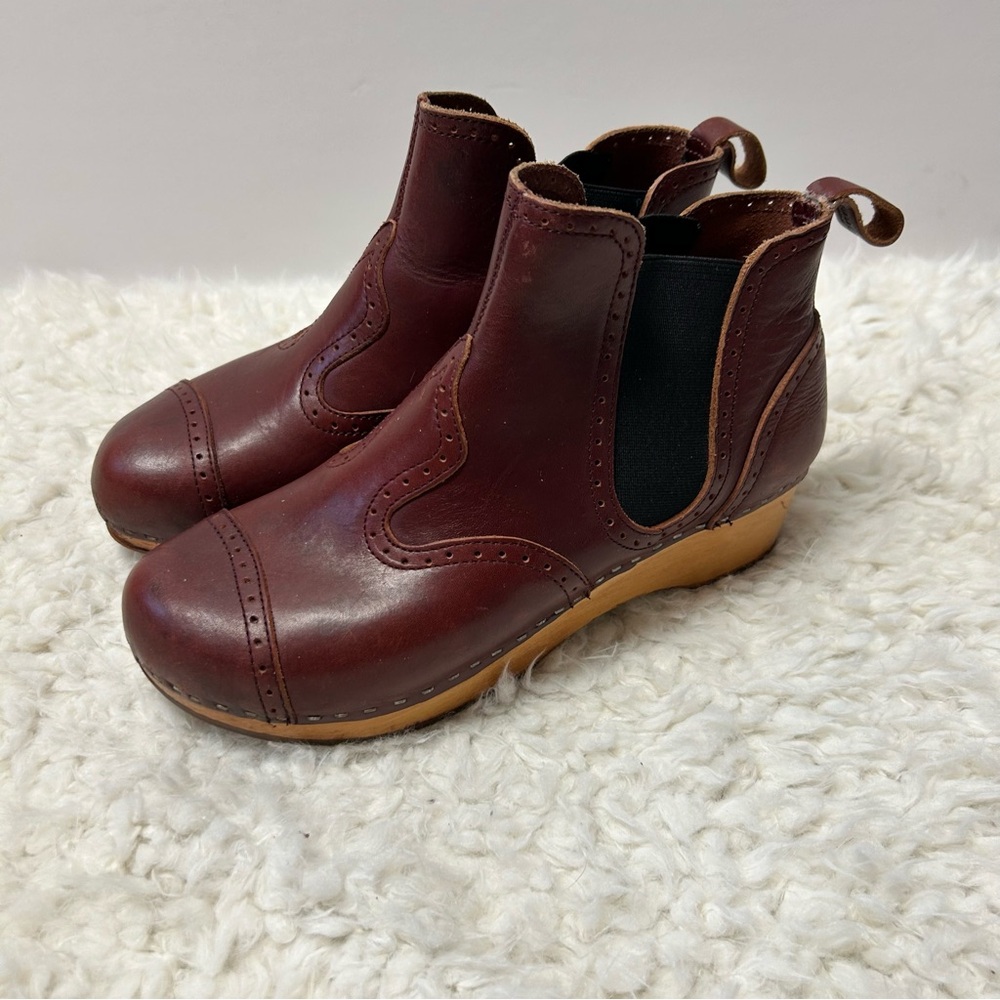 Swedish Hasbeens Burgundy Leather Ankle Booties with Tan Sole